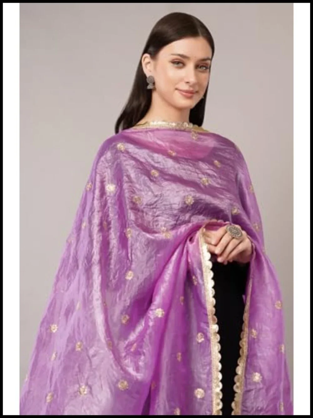 Art Silk Crush Dupatta, Lightweight Shawl Scarf Wrap with Gold Lace